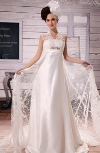 Straps Court Train and Lace Wedding Dress for Summer with Beading