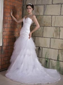 Sweetheart Court Train and Tulle Beaded Wedding Dresses with Ruffles