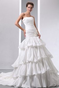 Strapless Court Train Sheath Ruched Wedding Dress with Layers and Flowers