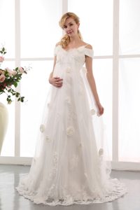 off-the-shoulder Brush Train Tulle Wedding Dress with Appliqued and Flowers