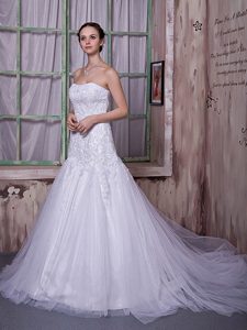 Strapless Court Train Tulle Dress for Church Wedding with Appliques on Sale
