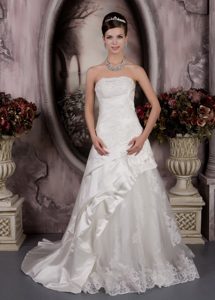 Princess Strapless Court Train and Lace Wedding Dress with Appliques