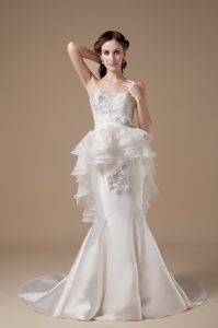 Mermaid Strapless Brush Train Flounced Wedding Dress with Applique