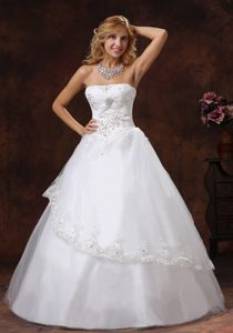 A-line Strapless Long Church Wedding Dress with Embroidery and Beads