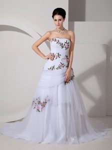 A-line Strapless Church Wedding Dress with Appliques and Ruches in Low Price