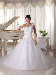 One Shoulder Ball Gown Dress for Wedding with Appliques and Watteau Train