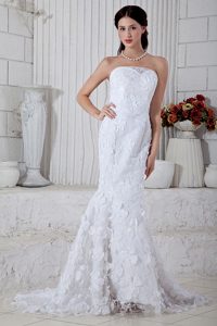 Discount Mermaid Strapless Special Fabric Wedding Dress with Brush Train