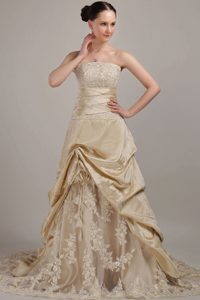 A-line Strapless Court Train Wedding Dress for Wholesale Price in Champagne