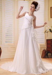 A-line One Shoulder Wedding Dress with Flowers and Ruching on Promotion