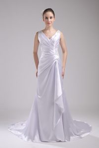 V-neck Satin Wedding Dress for Cheap with Ruching and Appliques