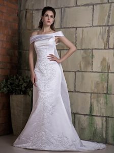 Mermaid Off The Shoulder Perfect Satin Wedding Dress with Watteau Train