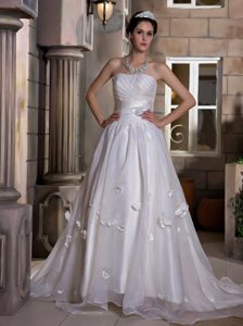A-line Strapless Chapel Train Dresses for Wedding in and Organza