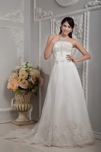 Low Price Strapless Court Train Appliqued Wedding Dress with Court Train