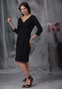 Black V-neck Discount Wedding Guest Dresses with 3/4 Sleeves