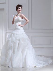 One Shoulder Sleeveless Brush Train Ruffles and Ruching and Pick Ups Lace Up Wedding Dresses