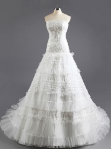 White Strapless Lace Up Beading and Appliques and Ruffled Layers Wedding Gowns Court Train Sleeveless