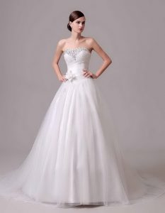 Sumptuous White Sweetheart Lace Up Beading and Hand Made Flower Bridal Gown Brush Train Sleeveless