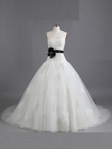 Romantic White A-line Tulle Sweetheart Sleeveless Beading and Appliques and Belt With Train Lace Up Wedding Dress Court 