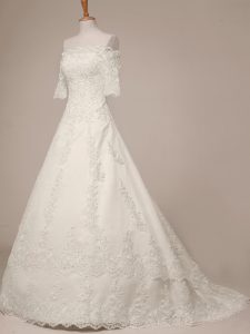 White A-line Lace Scalloped Half Sleeves Lace Zipper Wedding Gown Sweep Train