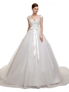 Excellent White Tulle Lace Up Wedding Gown Sleeveless With Train Chapel Train Appliques and Sashes ribbons