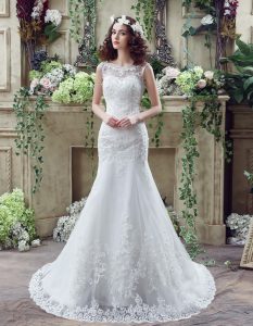Mermaid Scoop See Through Sleeveless Lace Brush Train Backless Wedding Gowns in White with Beading and Appliques