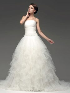 Spectacular White Strapless Neckline Beading and Ruffles Wedding Dresses Sleeveless Lace Up