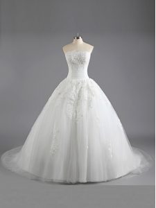 Latest White A-line Tulle Strapless Sleeveless Beading and Appliques With Train Lace Up Bridal Gown Court Train