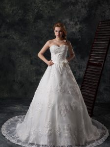 White Lace Up Wedding Gowns Beading and Appliques and Hand Made Flower Sleeveless Court Train