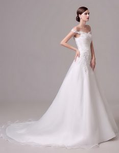 Off the Shoulder White Organza Clasp Handle Bridal Gown Sleeveless Court Train Beading and Appliques and Ruching