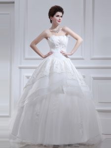 Strapless Sleeveless Wedding Gown Floor Length Beading and Appliques and Ruffled Layers White Organza and Taffeta