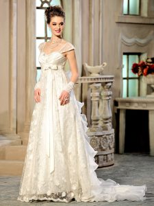 Custom Fit Brush Train Empire Wedding Gown White Sweetheart Organza Cap Sleeves With Train Lace Up