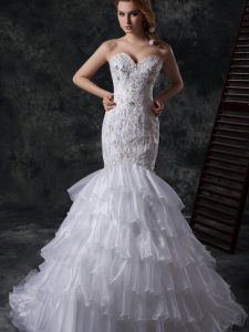 Fancy Mermaid Organza Sleeveless Bridal Gown Brush Train and Beading and Appliques and Ruffles