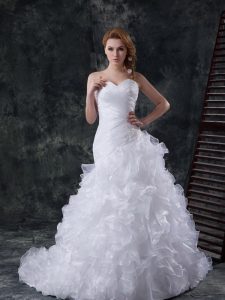 Best Selling Sleeveless Organza With Brush Train Lace Up Wedding Gowns in White with Beading and Appliques and Ruffles