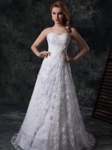 New Style White Zipper Sweetheart Beading and Lace Wedding Gowns Lace Sleeveless Sweep Train