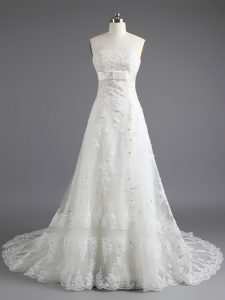 Sleeveless With Train Beading and Lace Lace Up Wedding Gown with White Court Train