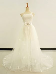 White A-line One Shoulder Sleeveless Tulle Brush Train Lace Up Beading and Lace and Hand Made Flower Bridal Gown