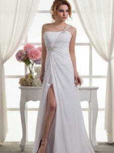 White One Shoulder Lace Up Beading and Ruching Wedding Gown Sleeveless