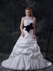 White Taffeta Lace Up Wedding Dresses Cap Sleeves Brush Train Beading and Ruching and Pick Ups and Hand Made Flower