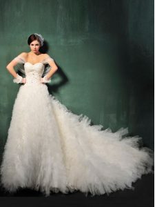 Most Popular White Wedding Dresses Wedding Party and For with Beading and Ruffles Sweetheart Cap Sleeves Chapel Train Ba