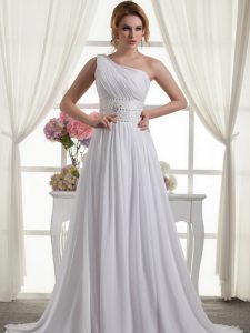 One Shoulder White Chiffon Lace Up Wedding Dresses Sleeveless Brush Train Beading and Ruching