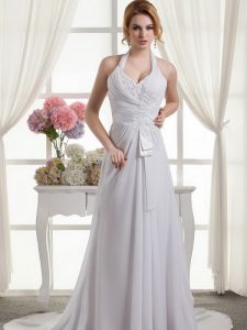 Inexpensive Halter Top White Chiffon Lace Up Wedding Gowns Sleeveless Lace and Appliques and Ruching and Bowknot