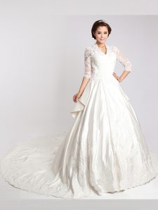 Cheap With Train White Bridal Gown Chiffon Cathedral Train 3 4 Length Sleeve Lace