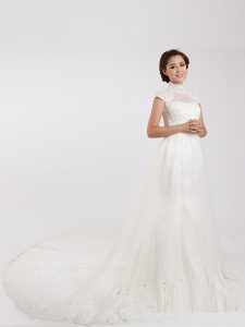 Wonderful With Train Clasp Handle Wedding Dresses White for Wedding Party with Lace Chapel Train