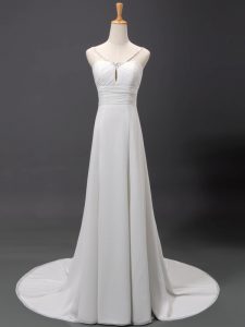 Top Selling V-neck Sleeveless Brush Train Lace Up Wedding Dress White Chiffon