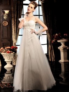 White Empire Beading Wedding Dress Lace Up Tulle Sleeveless Floor Length