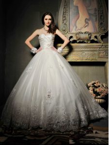 Traditional White Sleeveless Floor Length Lace and Appliques and Ruching Lace Up Bridal Gown
