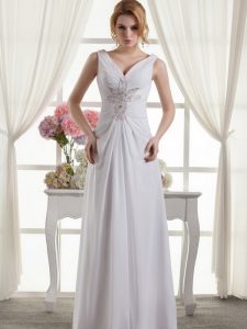 Comfortable V-neck Sleeveless Wedding Gown Floor Length Beading White Chiffon