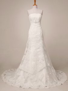 White Lace Lace Up Bridal Gown Sleeveless Floor Length Brush Train Lace