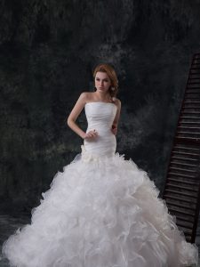 Comfortable Sleeveless Ruffles and Ruching Lace Up Bridal Gown with White Brush Train
