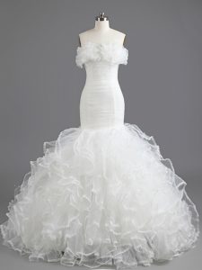 Mermaid White Sweetheart Neckline Ruffles Wedding Dress Sleeveless Lace Up